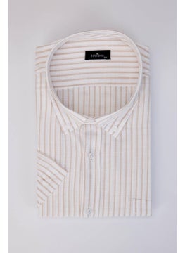 Tudors Large Size Oversize Short Sleeve Striped Button Collar Single Pocket Linen Effect Summer White Men's Shirt  - Image 2
