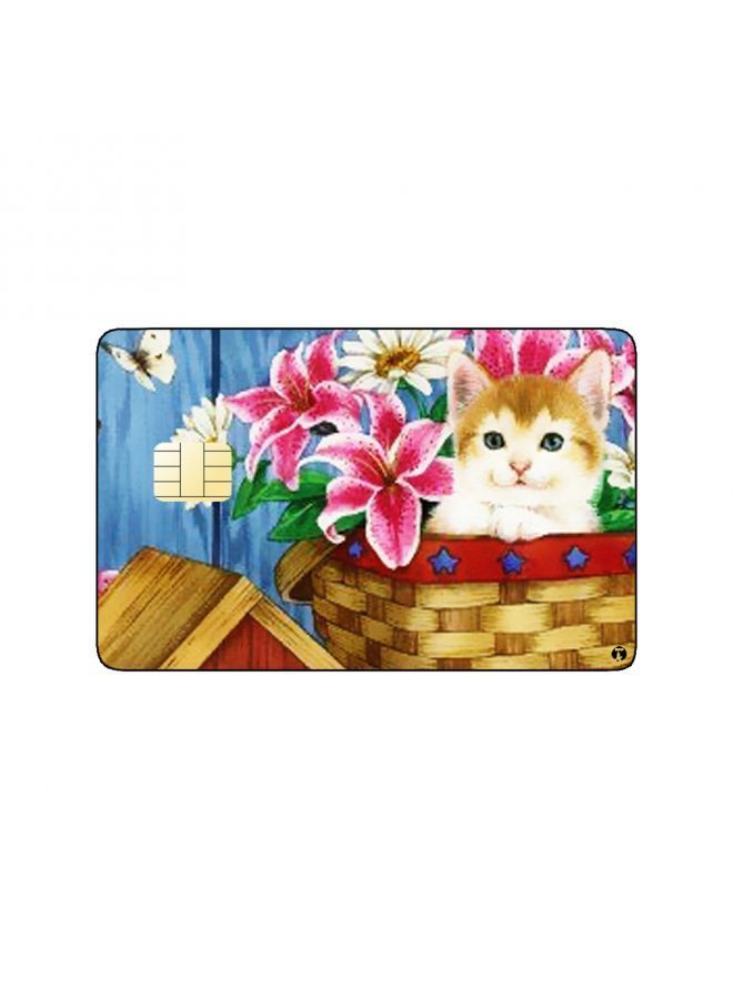 RKN PRINTED BANK CARD STICKER Cute Cat Drawing With Pink Roses - Image 2