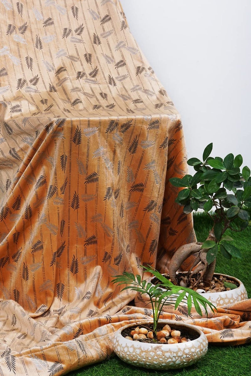 Parda Online 152 cm (5 ft) Jacquard Golden Leaf Design Velvet Fabric Window Curtain - Pack of 2 - Image 3