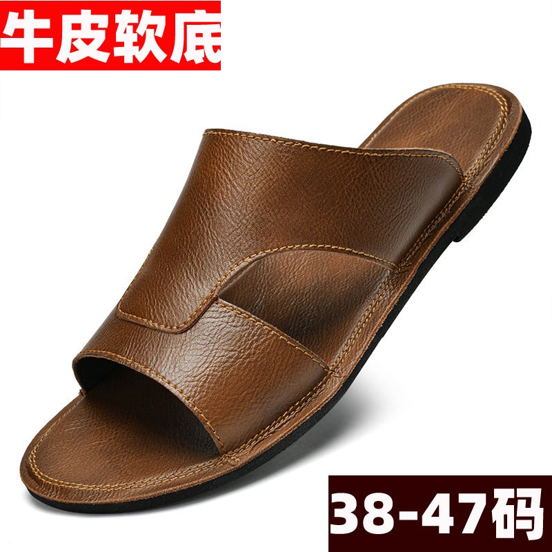 Large Size 46 Cowhide Slippers For Men Black Versatile Genuine Leather 47 Slippers Summer Beach Shoes Men'S Soft-Soled Leather Sandals Trendy - Image 2