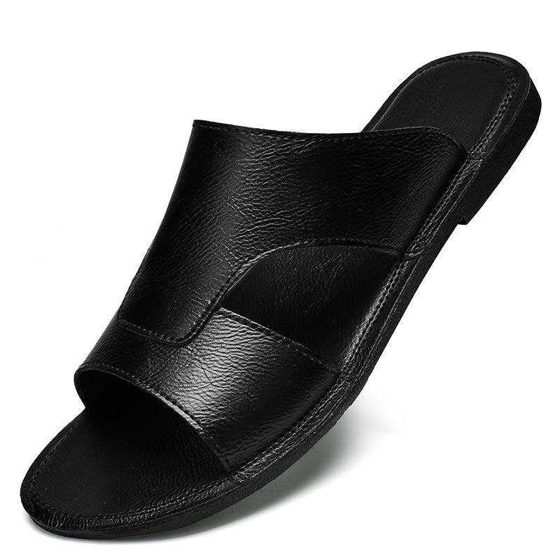 Large Size 46 Cowhide Slippers For Men Black Versatile Genuine Leather 47 Slippers Summer Beach Shoes Men'S Soft-Soled Leather Sandals Trendy - Image 1