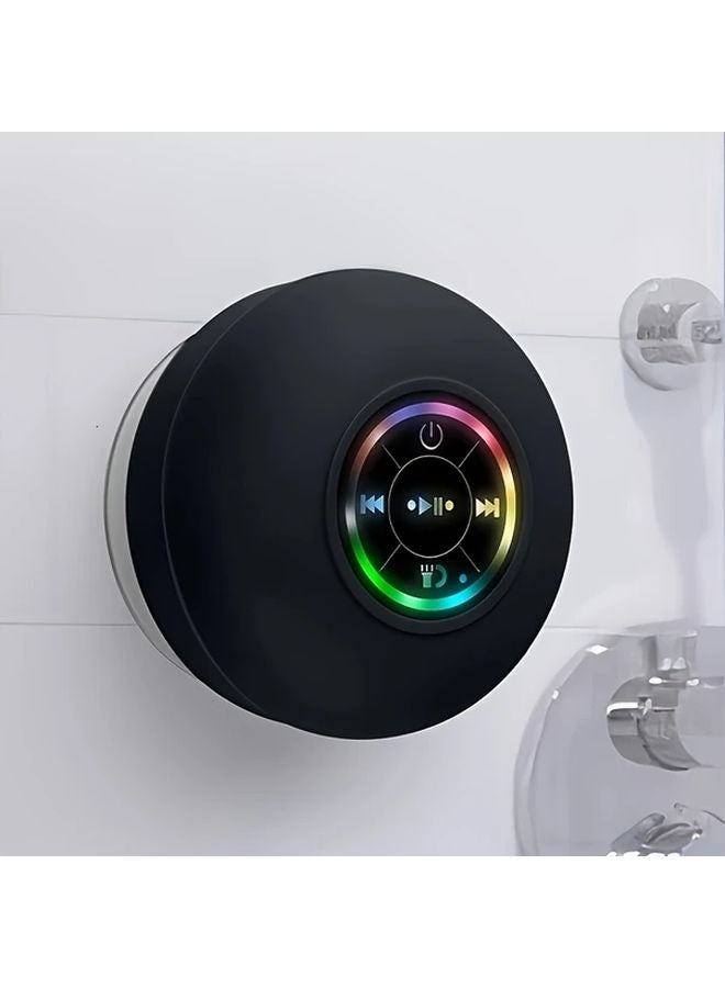 مكبر صوت حمام LED أسود لاسلكي قابل لإعادة الشحن عبر USB مقاوم للماء IPX4 مع حامل كوب شفط - Image 2