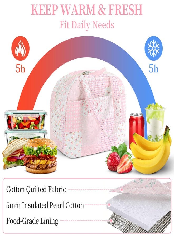 WOBAGMEN Quilted Lunch Box for Women,Lunch Box for Teen Girls,Cute Pink Patchwork Lunch Bags for Work, School,Office,Picnic,Travel (Pink Patchwork) - Image 4