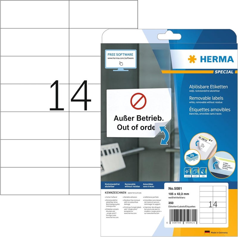 HERMA Self Adhesive Removable Multi-Purpose Labels, 14 Labels Per A4 Sheet, 350 Labels For Printers, Large, 105 x 42.3 mm (5081), White Smooth joint - Image 1