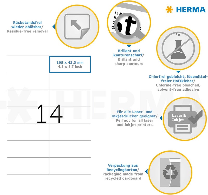 HERMA Self Adhesive Removable Multi-Purpose Labels, 14 Labels Per A4 Sheet, 350 Labels For Printers, Large, 105 x 42.3 mm (5081), White Smooth joint - Image 3