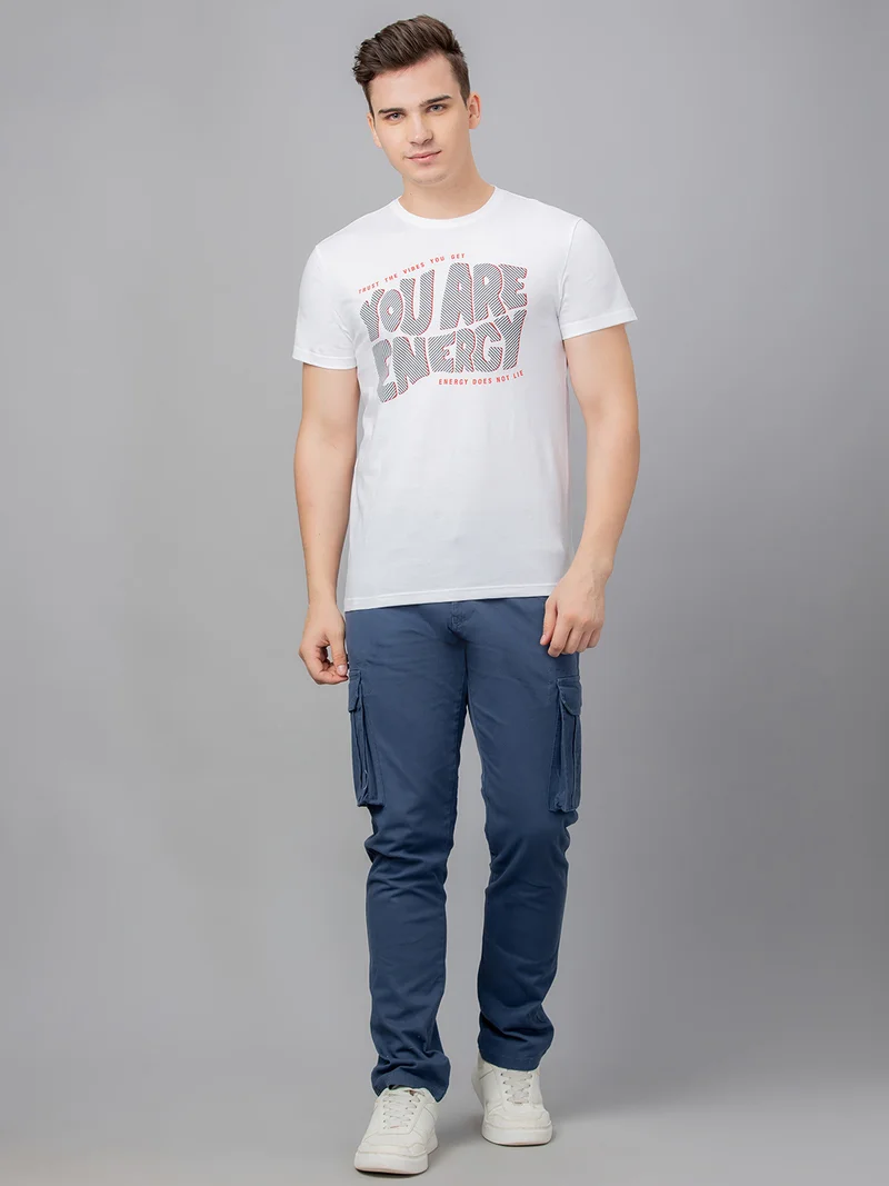 جلو باص تيشيرت رجالي أبيض قطن مطبوع بياقة دائرية وقصة عادية