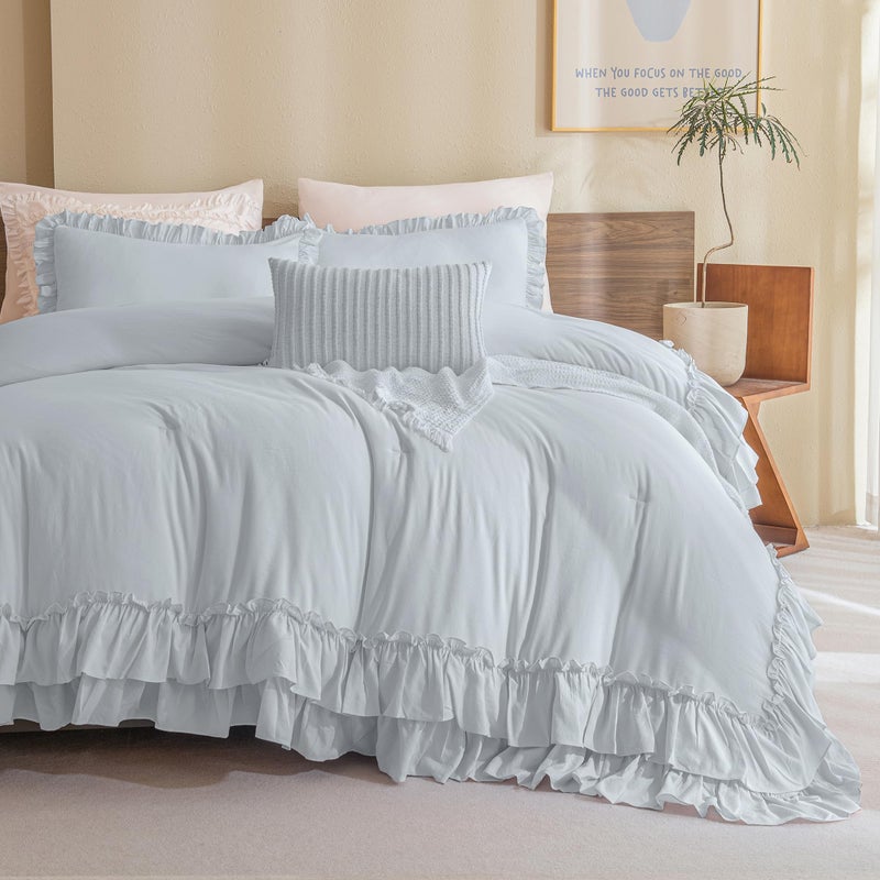 Queens House Light Blue Farmhouse Ruffled King Size Comforter SetLightweight Microfiber Inner Fill Fluffy Boho Chic Bedding ComforterUltra Soft Microfiber Inner Fill Bedding