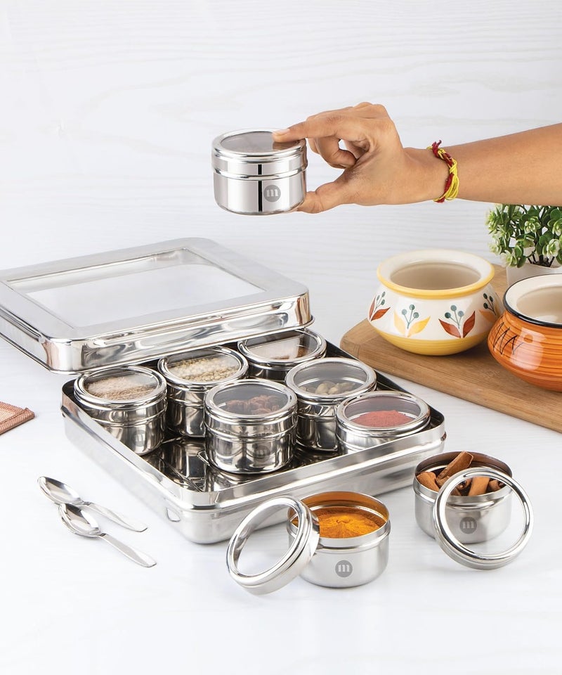 Maru Steel 9-In-1 Masala Container for Kitchen with Heavy-Duty Square Box, Airtight & Durable 9 Storage containers with see-through lids 140ml each, Ideal for Spices, Herbs, Dry Fruits, Mukhwas & More - Image 1