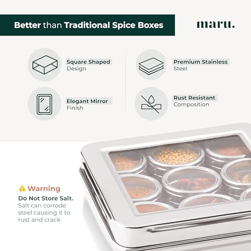 Maru Steel 9-In-1 Masala Container for Kitchen with Heavy-Duty Square Box, Airtight & Durable 9 Storage containers with see-through lids 140ml each, Ideal for Spices, Herbs, Dry Fruits, Mukhwas & More - Image 5
