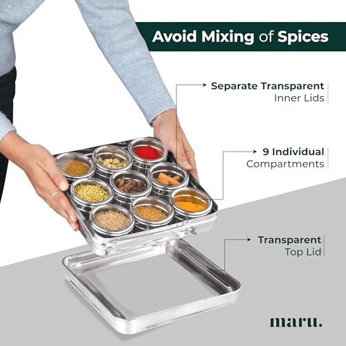 Maru Steel 9-In-1 Masala Container for Kitchen with Heavy-Duty Square Box, Airtight & Durable 9 Storage containers with see-through lids 140ml each, Ideal for Spices, Herbs, Dry Fruits, Mukhwas & More - Image 4