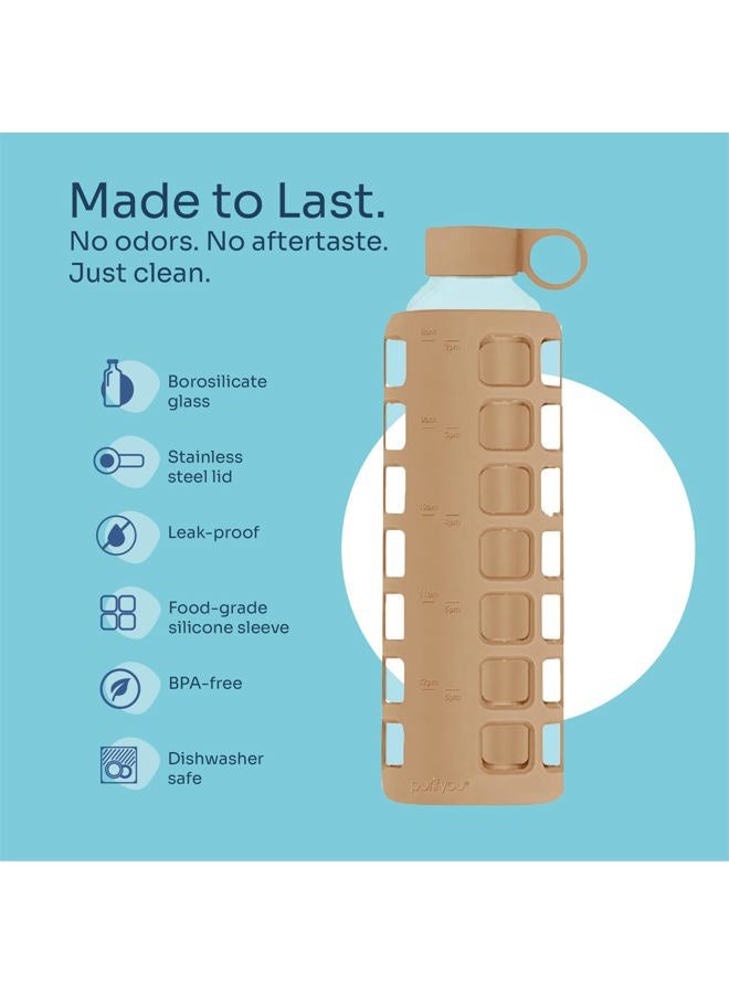 purifyou Glass Water Bottles 42/32/12oz/355ml Glass Water Bottles with Time and Volume Markings and Extra Thick Silicone Sleeve Reusable Bottle for Water, Milk, Juice (32oz, Iced Coffee) - Image 4