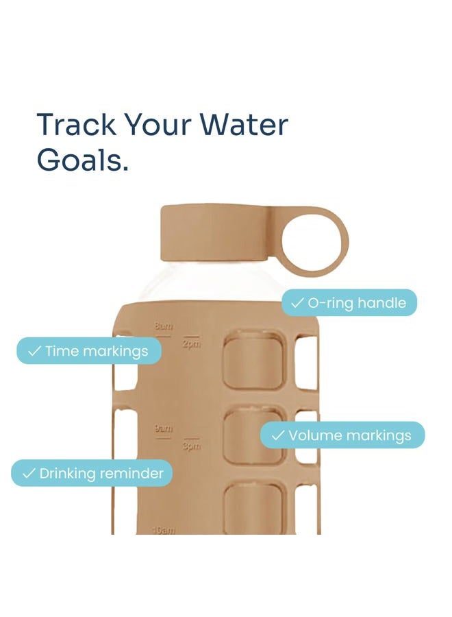 purifyou Glass Water Bottles 42/32/12oz/355ml Glass Water Bottles with Time and Volume Markings and Extra Thick Silicone Sleeve Reusable Bottle for Water, Milk, Juice (32oz, Iced Coffee) - Image 3