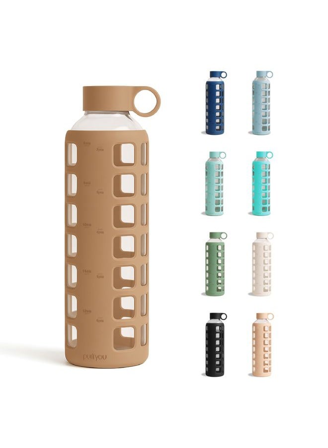 purifyou Glass Water Bottles 42/32/12oz/355ml Glass Water Bottles with Time and Volume Markings and Extra Thick Silicone Sleeve Reusable Bottle for Water, Milk, Juice (32oz, Iced Coffee) - Image 1
