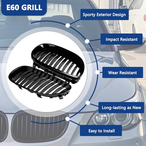 DEKEWEI E60 Grille,Single Slat Gloss Black Kidney Grill Compatible with 2004-2009 BMW 5 Series E60 E61 M5 520i 523i 525i 528i 530i 535i 550i ABS Black Kidney Grill - Image 3
