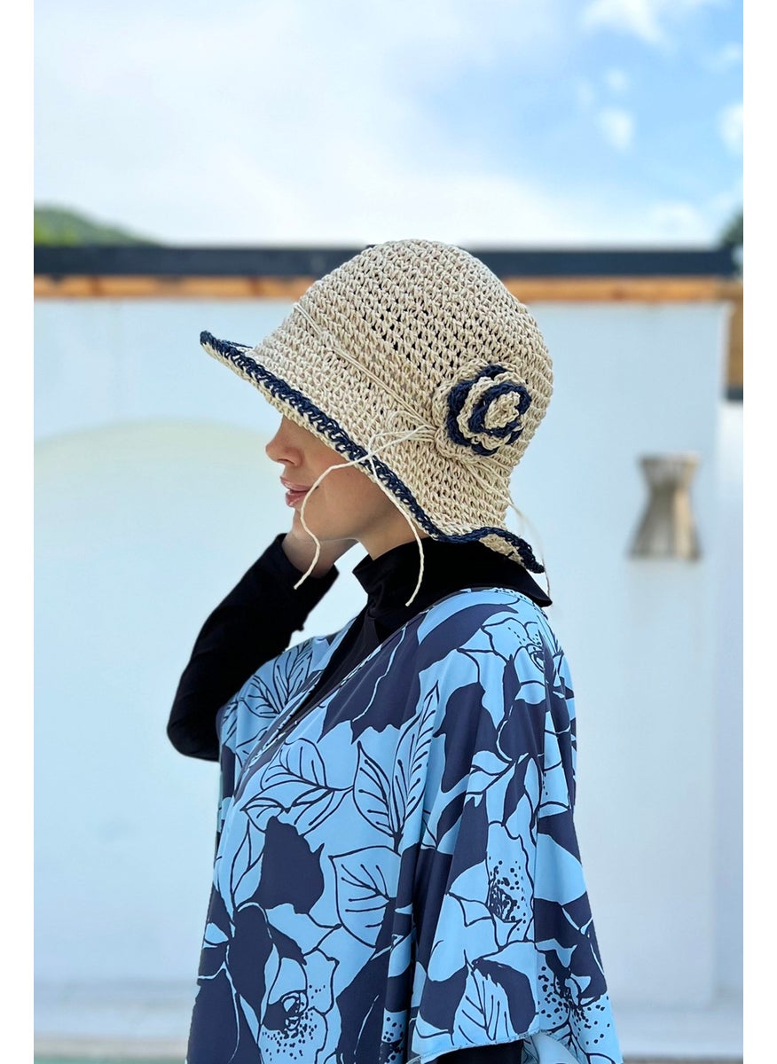 Remsa Mayo Flower Detailed Hand Knitted Straw Hat Rş-84 Navy Blue  - Image 1