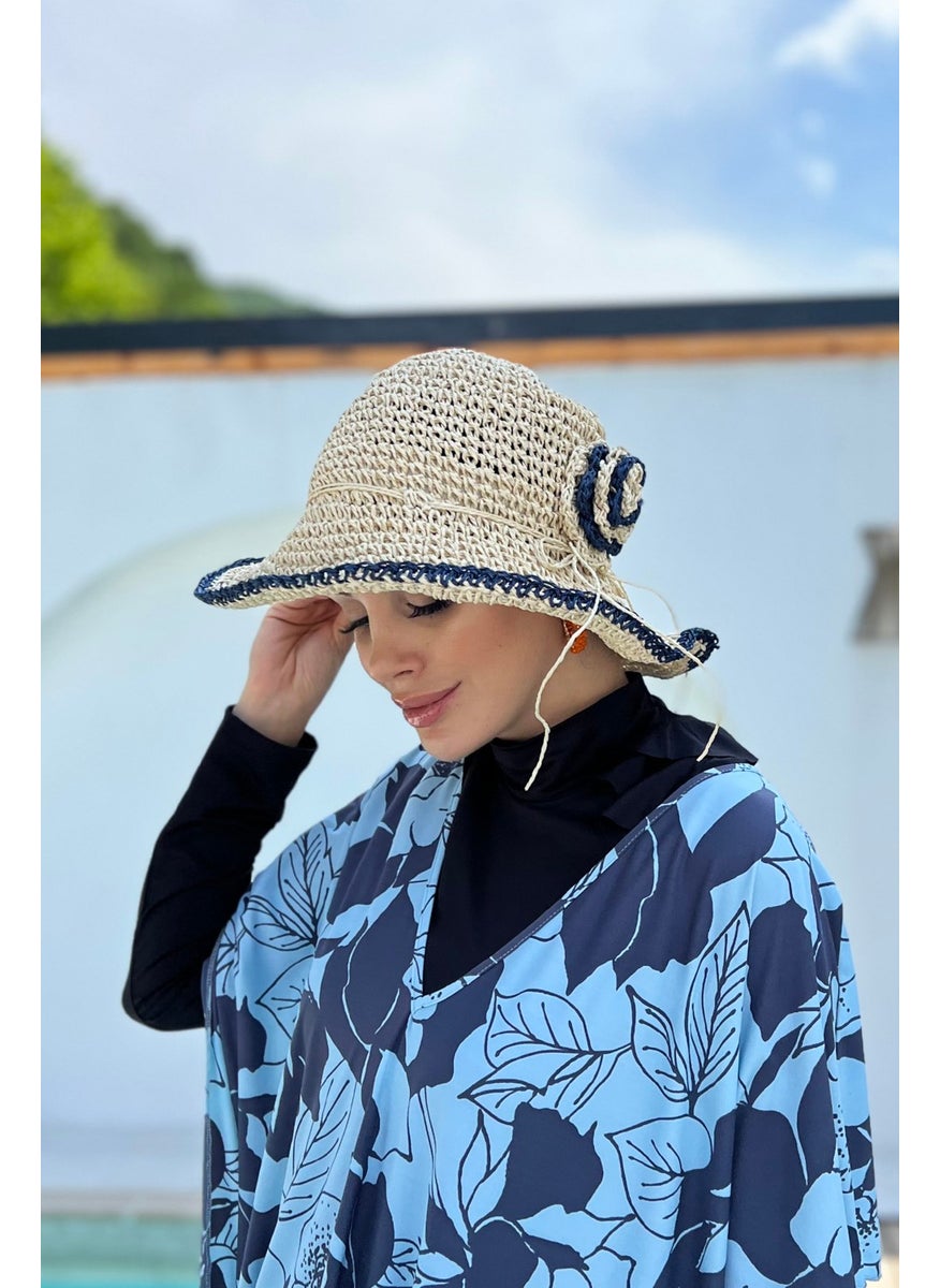 Remsa Mayo Flower Detailed Hand Knitted Straw Hat Rş-84 Navy Blue  - Image 4