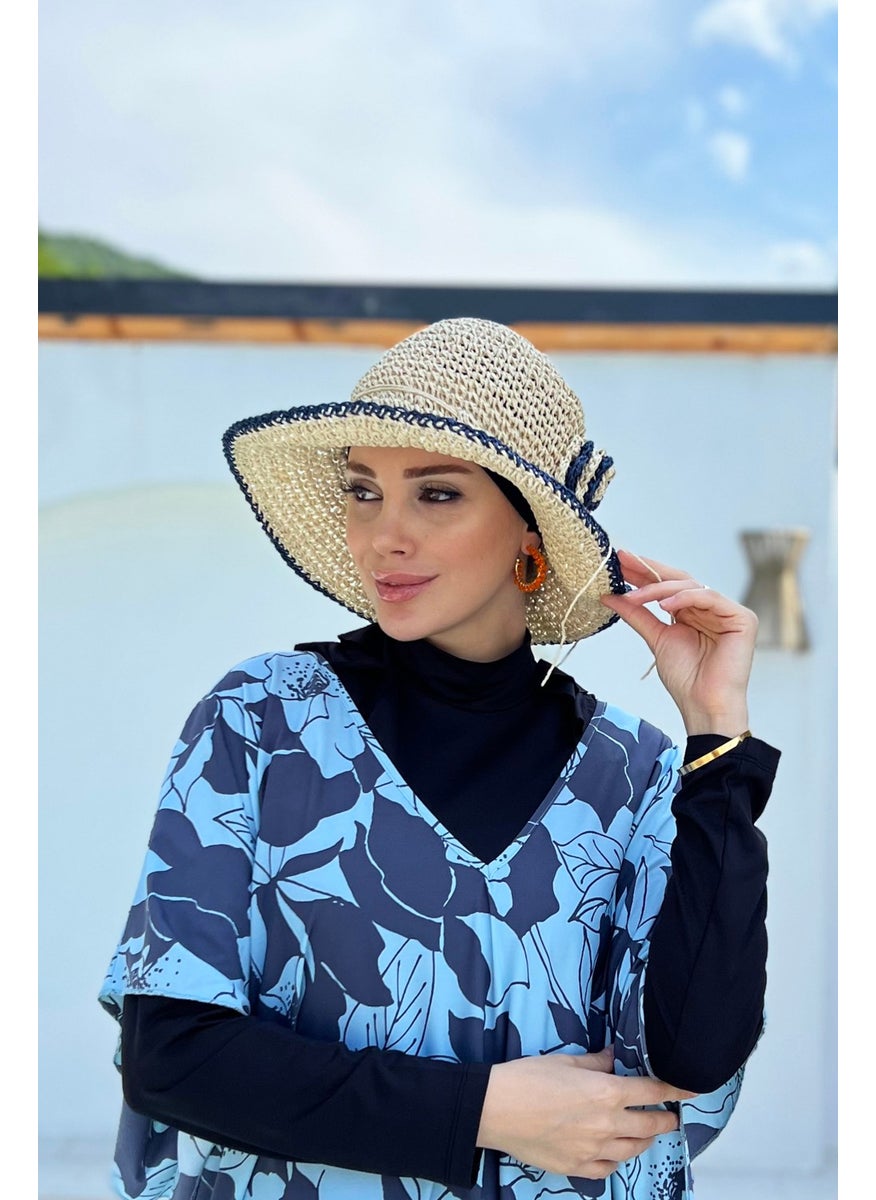Remsa Mayo Flower Detailed Hand Knitted Straw Hat Rş-84 Navy Blue  - Image 2