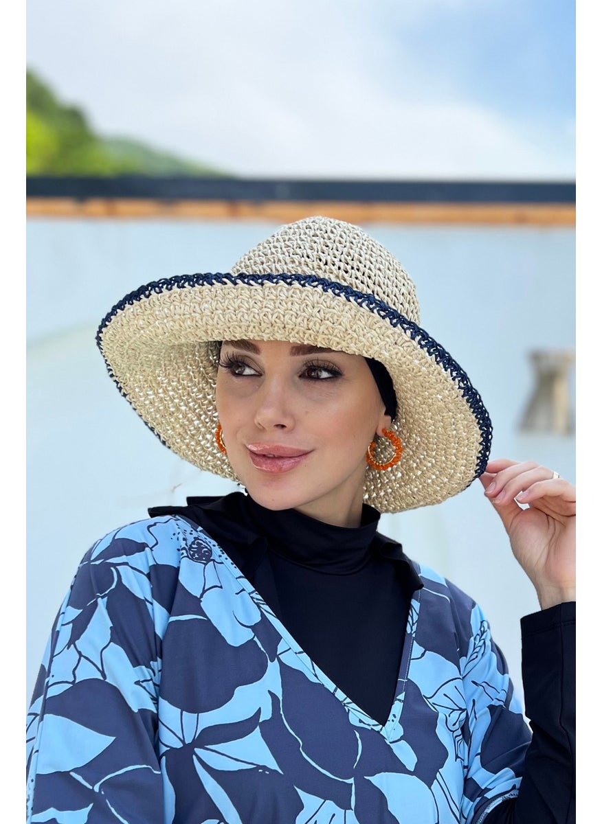 Remsa Mayo Flower Detailed Hand Knitted Straw Hat Rş-84 Navy Blue  - Image 5
