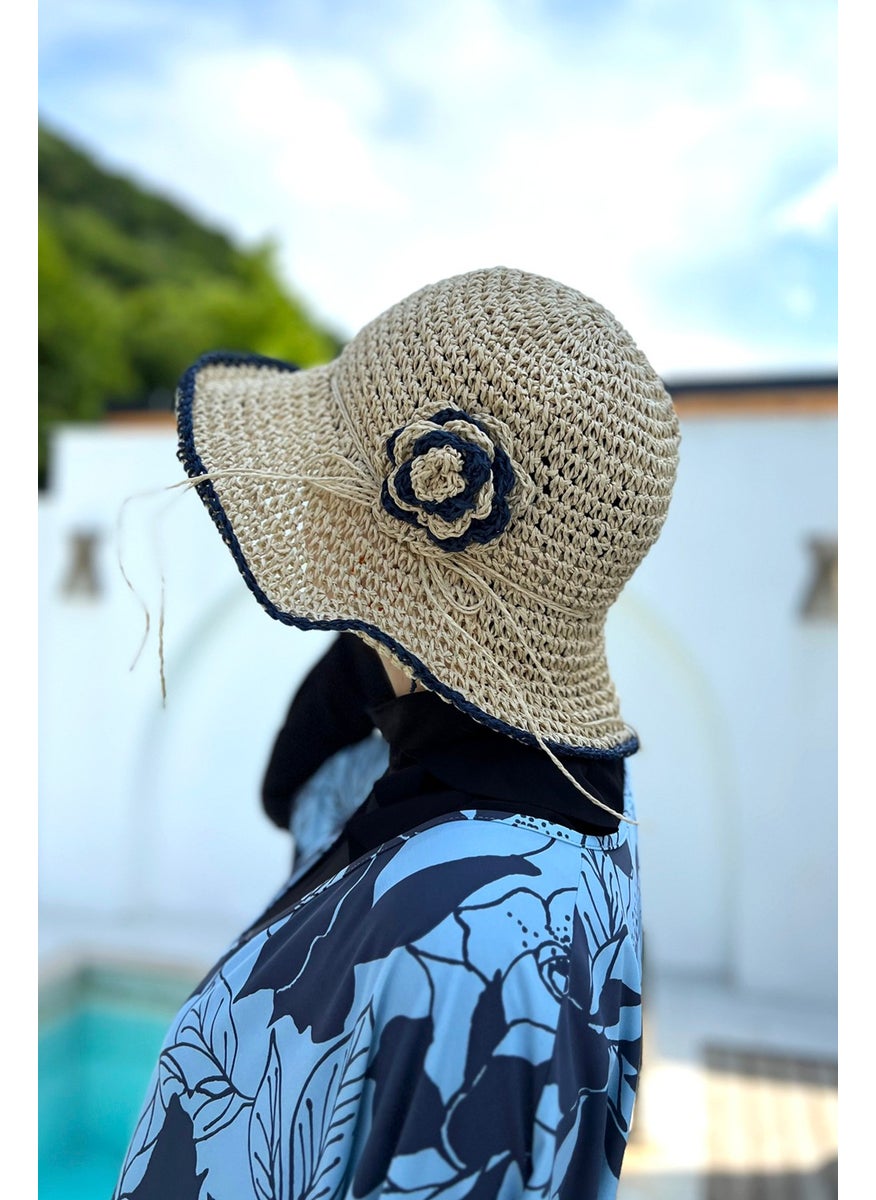 Remsa Mayo Flower Detailed Hand Knitted Straw Hat Rş-84 Navy Blue  - Image 3