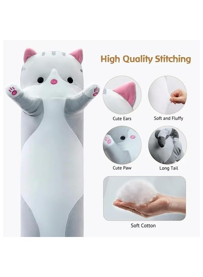 The Bros وسادة قطة لطيفة، 20 بوصة وسادة قطن ناعمة محشوة وسادة نوم فاخرة للأطفال دمية طويلة (رمادي) - Image 3