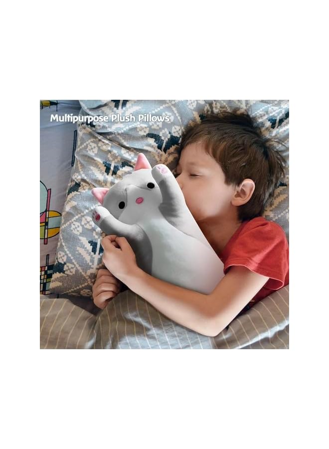 The Bros وسادة قطة لطيفة، 20 بوصة وسادة قطن ناعمة محشوة وسادة نوم فاخرة للأطفال دمية طويلة (رمادي) - Image 4