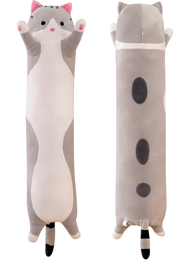 The Bros وسادة قطة لطيفة، 20 بوصة وسادة قطن ناعمة محشوة وسادة نوم فاخرة للأطفال دمية طويلة (رمادي) - Image 1