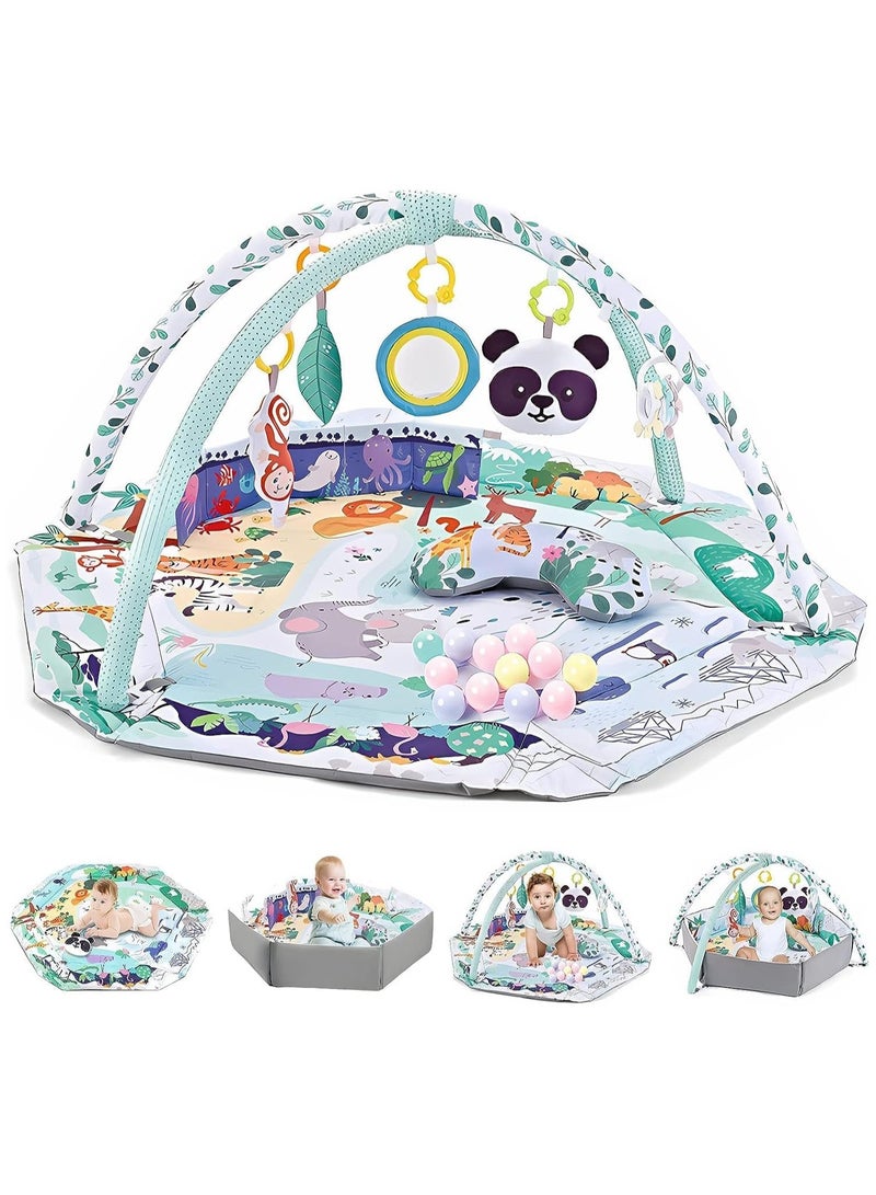 iMissiu 5-in-1 Baby Gym Play Mat, Tummy Time Mat and Baby Activity Gym and Ball Pit for Sensory Exploration and Motor Skill Development, Includes 5 Toys, Self-Discovery Mirror and Tummy Time Pillow (Green) - Image 1