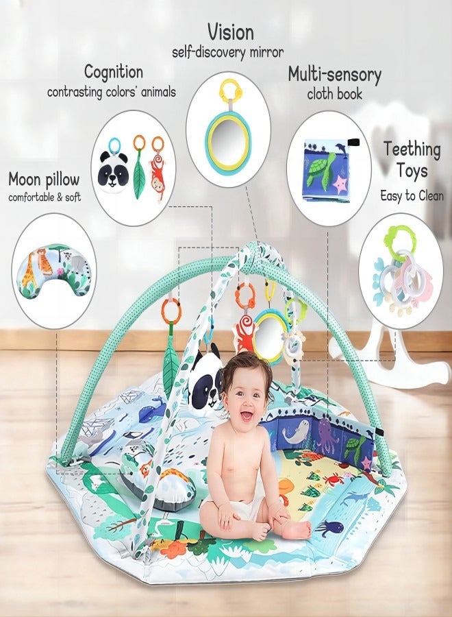 iMissiu 5-in-1 Baby Gym Play Mat, Tummy Time Mat and Baby Activity Gym and Ball Pit for Sensory Exploration and Motor Skill Development, Includes 5 Toys, Self-Discovery Mirror and Tummy Time Pillow (Green) - Image 2