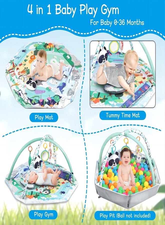 iMissiu 5-in-1 Baby Gym Play Mat, Tummy Time Mat and Baby Activity Gym and Ball Pit for Sensory Exploration and Motor Skill Development, Includes 5 Toys, Self-Discovery Mirror and Tummy Time Pillow (Green) - Image 3