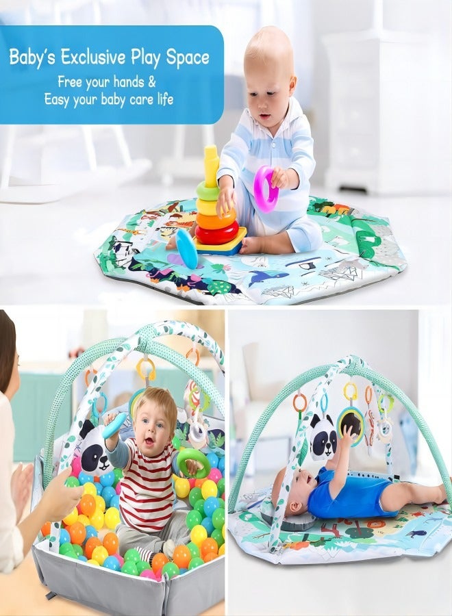 iMissiu 5-in-1 Baby Gym Play Mat, Tummy Time Mat and Baby Activity Gym and Ball Pit for Sensory Exploration and Motor Skill Development, Includes 5 Toys, Self-Discovery Mirror and Tummy Time Pillow (Green) - Image 4