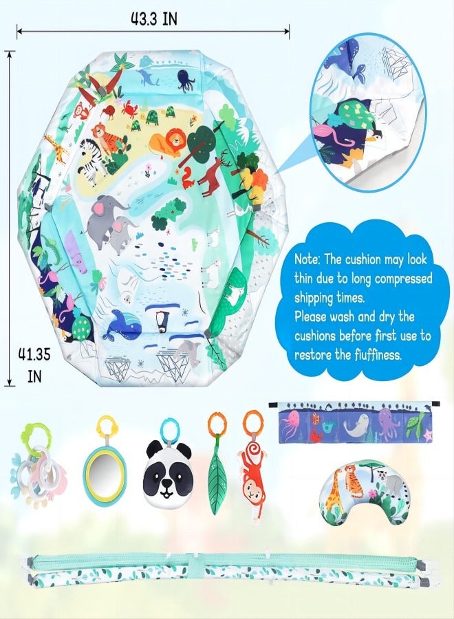 iMissiu 5-in-1 Baby Gym Play Mat, Tummy Time Mat and Baby Activity Gym and Ball Pit for Sensory Exploration and Motor Skill Development, Includes 5 Toys, Self-Discovery Mirror and Tummy Time Pillow (Green) - Image 5