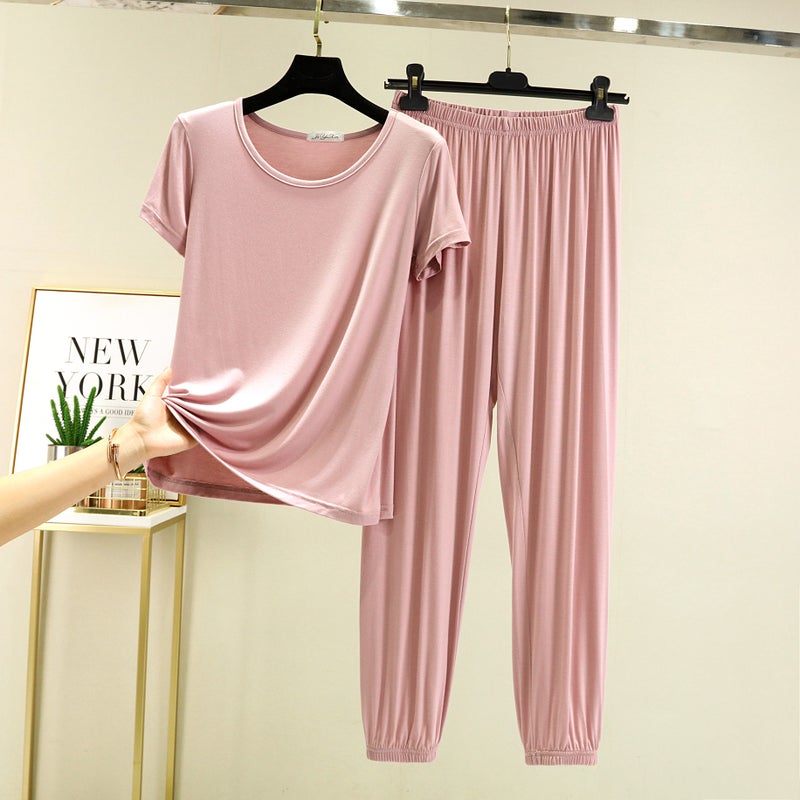Generic New Modal Short-sleeved Home Clothes Casual plus size suit Summer Thin Outwear Pajamas All-match Two-piece Set lotus root starch 