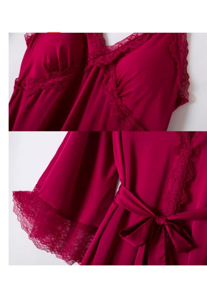 Lace Pajama Women's Thin Ice Silk Two-Piece Set With Suspender Nightgown, Nightgown Extended Version - Image 3