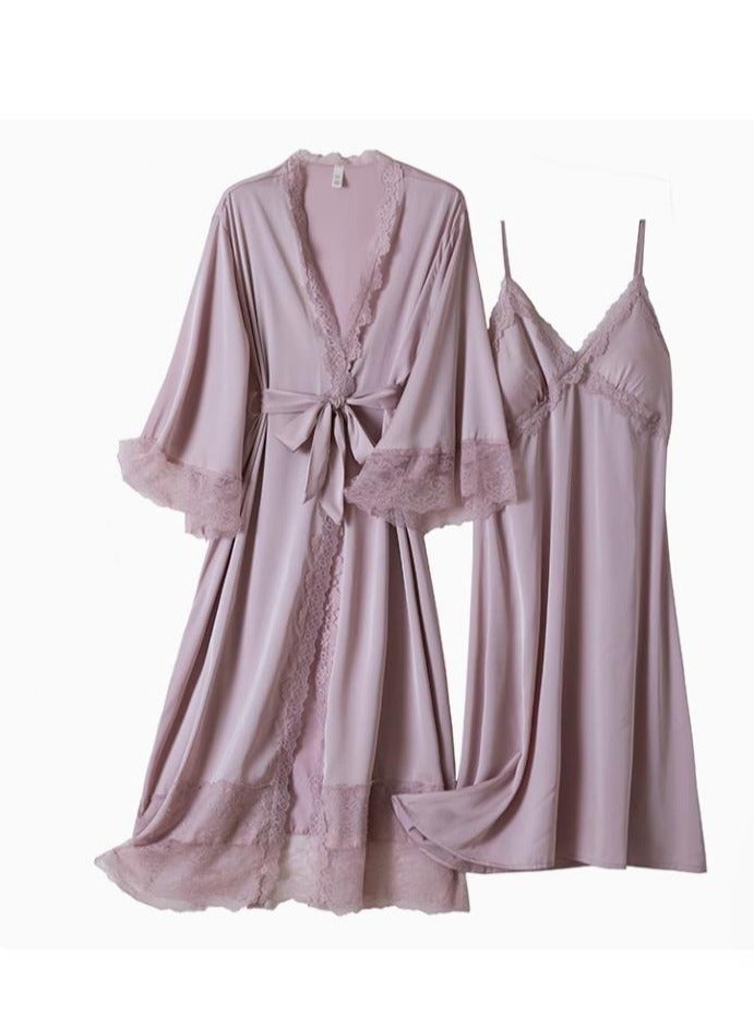 Lace Pajama Women's Thin Ice Silk Two-Piece Set With Suspender Nightgown, Nightgown Extended Version - Image 1