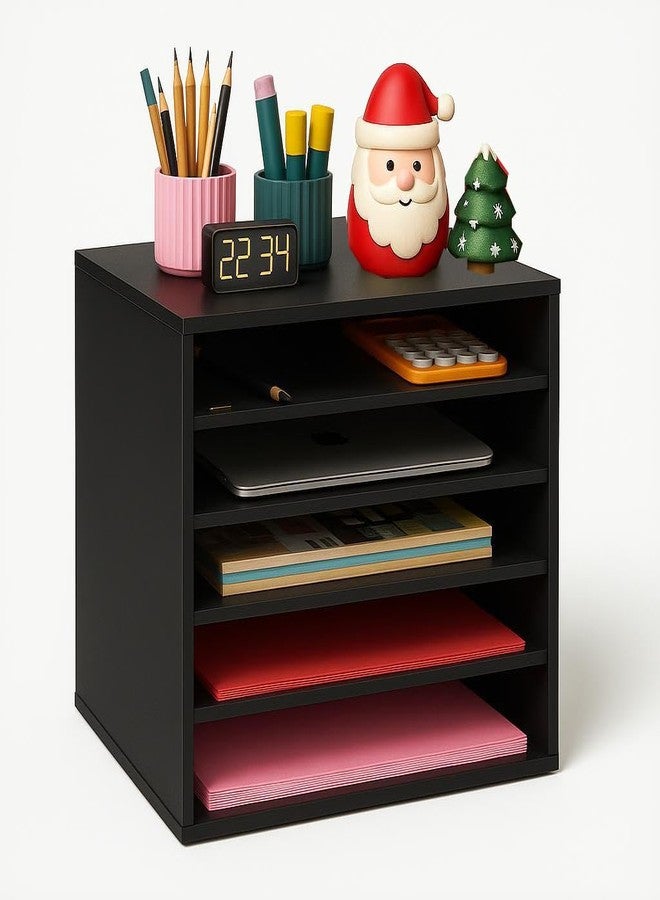 EMERIT 4-Tier Adjustable Paper Organizer, Large Capacity Book Shelf for Textbooks/Magazines/Office Files, Wooden Dividers, 7 lbs per Shelf, Black - Image 1