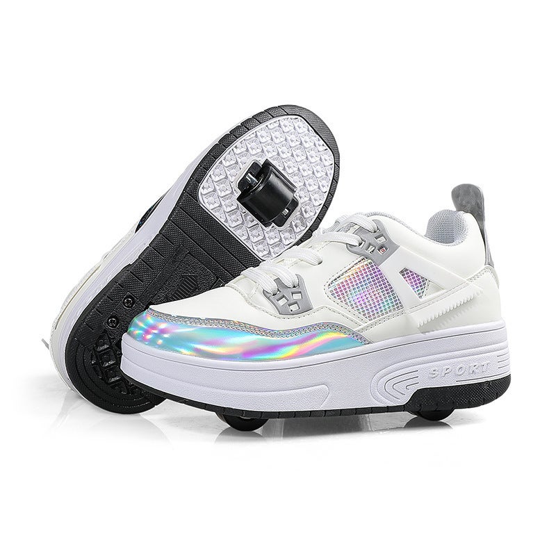 Generic Walking shoes double-wheel invisible Girls student roller skating shoes automatic walking boys deformation shoes childrens roller skating shoes White