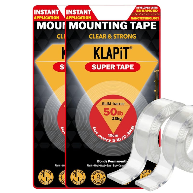 KLAPiT SUPER TAPE Double Sided Tape Heavy Duty Mounting Tape Holds 50 Pounds or 23Kg Weight Using Enhanced Nano Technology. Clear Tape for Wall, Wood, Tile, Stone, Glass, Metal and Acrylic - Image 1