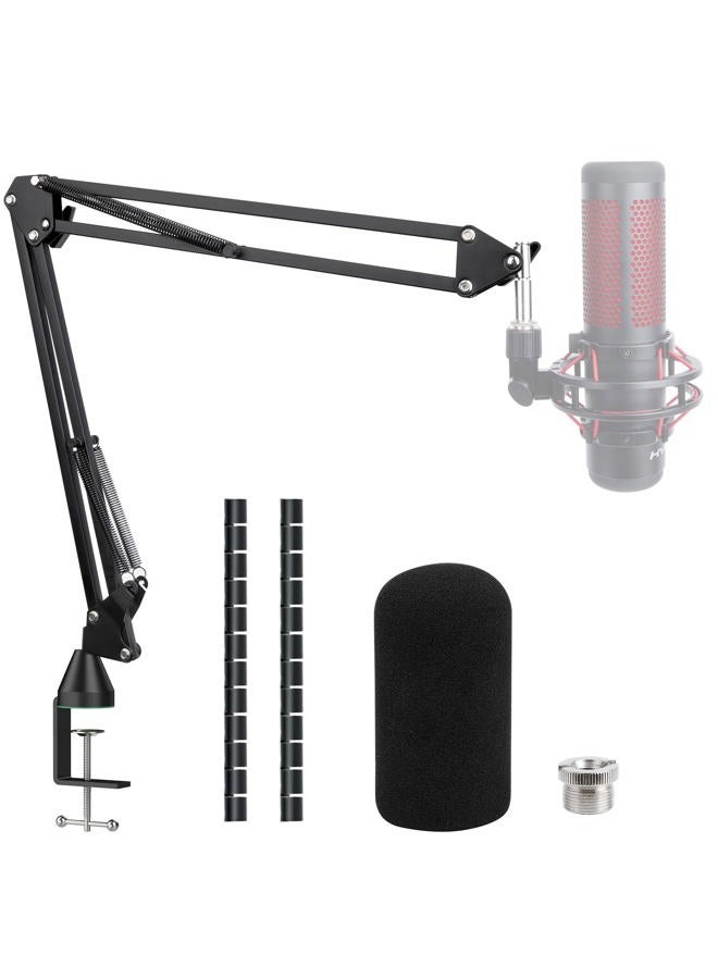 SUNMON HyperX QuadCast Boom Arm，Adjustable Suspension Microphone Boom Arm for HyperX QuadCast, QuadCast S Boom Arm – Upgrade C Clamp, 2 Cable Ties, Pop Filter Cover Compatible with HyperX Microphone - Image 1