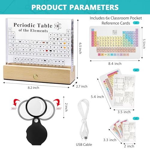 MegaBox Large Periodic Table Of Elements with 83 Real Elements, Acrylic Periodic Table Display With Wooden Stand, 6x Chemistry Formula Reference Cards, Science Teacher Gift Classroom (Large (8.0 x 6.5 in)) - Image 2