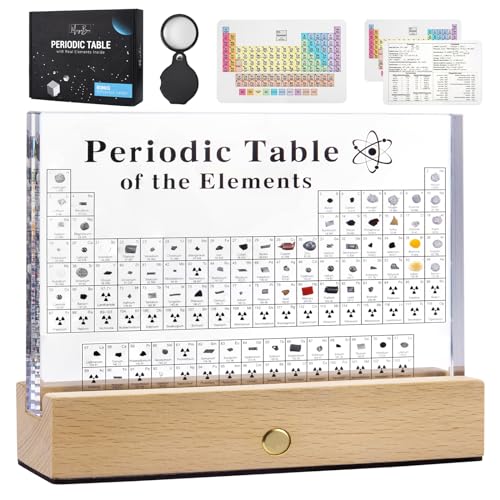 MegaBox Large Periodic Table Of Elements with 83 Real Elements, Acrylic Periodic Table Display With Wooden Stand, 6x Chemistry Formula Reference Cards, Science Teacher Gift Classroom (Large (8.0 x 6.5 in)) - Image 1