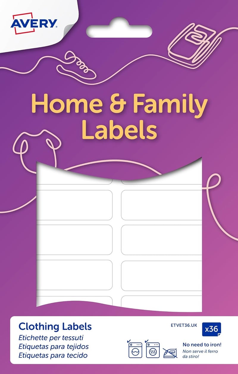 AVERY Clothing Labels, name labels, stick on school labels, no ironing or sewing, 45 x 13 mm, 36 Labels Per Pack, White - Image 1