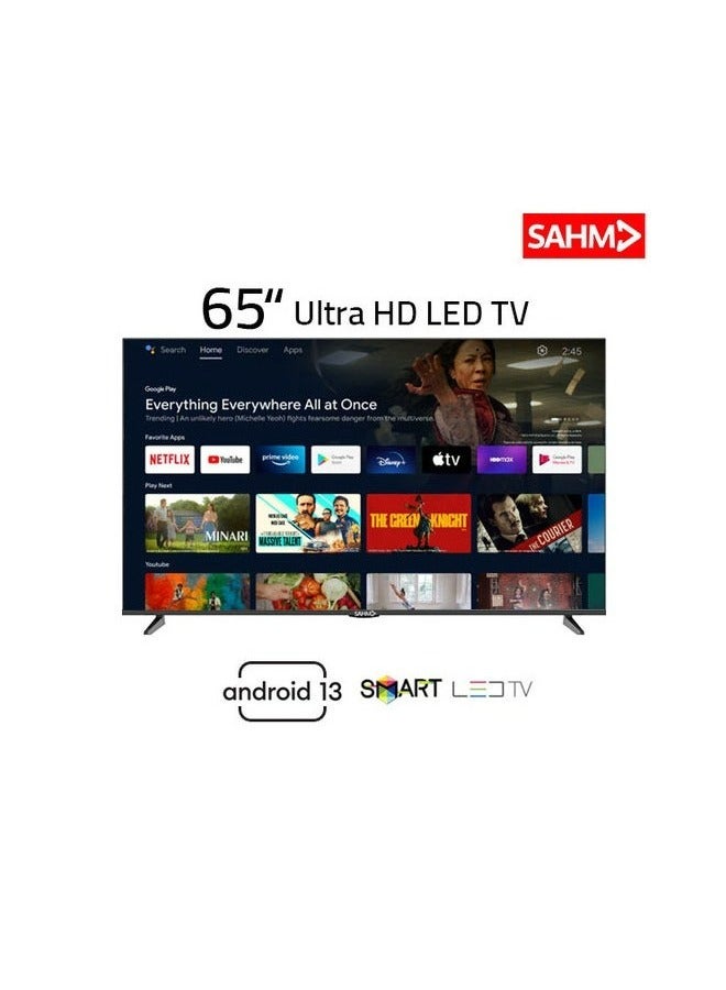 SAHM 65 Inch 4K Smart LED TV, Android 13 with E-Share, UHD 3840x2160 Resolution, 16:9 Aspect Ratio, 8GB ROM, 1.5GB RAM, 3 HDMI & 2 USB Ports, Stereo Sound, 176° Viewing Angle, Sleep Timer & Favorite Channels | Model Name: SHM-65LPS - Image 3