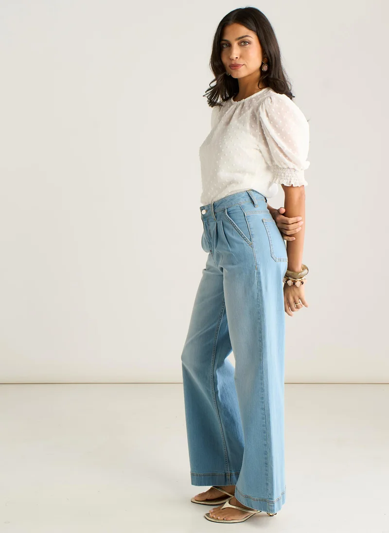 Gini London  Light Blue Pleat Wide Leg Jean for Women | Best Price UAE
