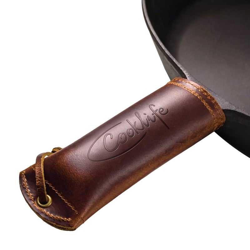 COOKLIFE Cast Iron Handle Cover  Extra Thick Leather Hot Handle Holder for Cast Iron Skillets  Reusable Heat Protection Up to 500F Skillet Handle Cover
