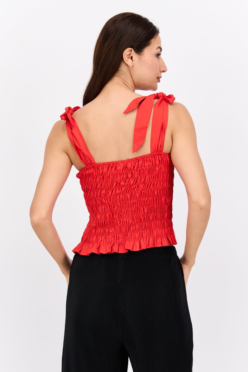 FEMME LUXE بلوزة نسائية بياقة على شكل V بأكمام مربوطة، حمراء - Image 3