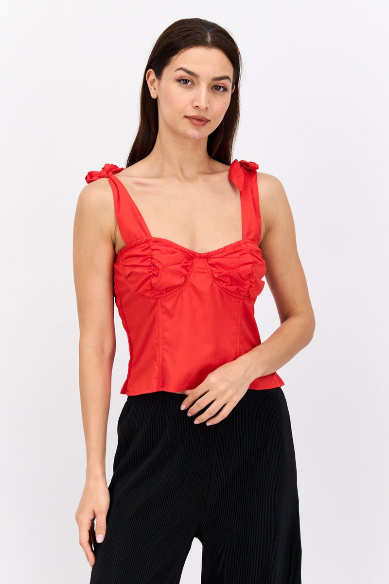 FEMME LUXE بلوزة نسائية بياقة على شكل V بأكمام مربوطة، حمراء - Image 1