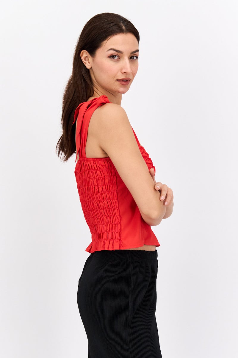 FEMME LUXE بلوزة نسائية بياقة على شكل V بأكمام مربوطة، حمراء - Image 2