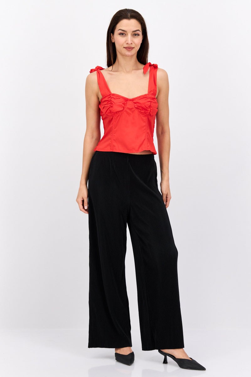 FEMME LUXE بلوزة نسائية بياقة على شكل V بأكمام مربوطة، حمراء - Image 4