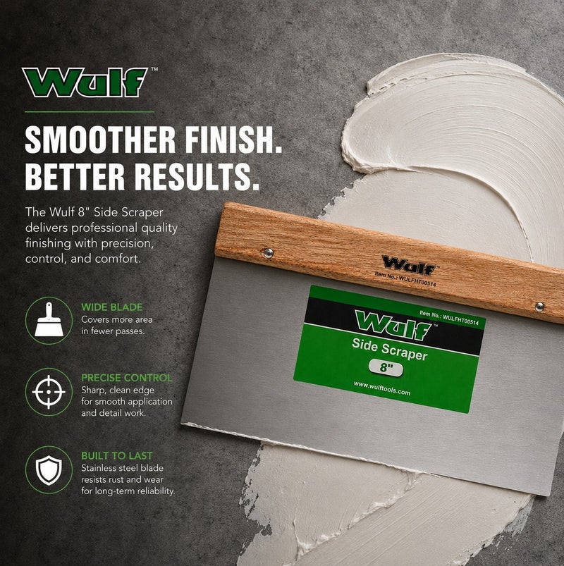 WULF 8-Inch Side Scraper with Ergonomic Wooden Handle, Heavy-Duty Stainless Steel Scraper Blade for Paint Removal, Wall Scraping, Putty Cleaning, Masonry Work, DIY & Construction Tool - Image 3