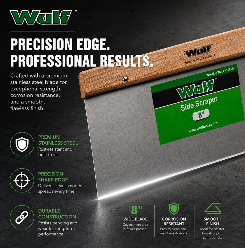 WULF 8-Inch Side Scraper with Ergonomic Wooden Handle, Heavy-Duty Stainless Steel Scraper Blade for Paint Removal, Wall Scraping, Putty Cleaning, Masonry Work, DIY & Construction Tool - Image 5